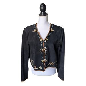 Patricia Wolf Black Suede Handpainted Western Cowgirl Jacket Size Large Texas
